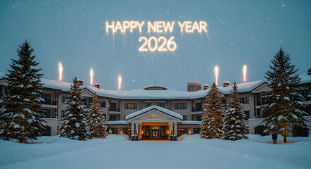 Happy New Year 2026 Luxury Ski Resort: Snowy Winter Hotel Entrance with Sparkler Fireworks and Christmas Trees
