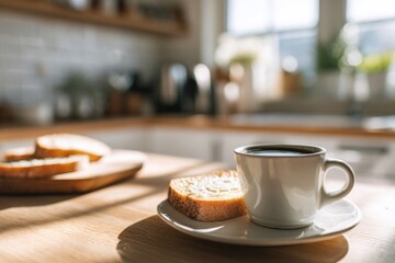 photo of close-up coffee cup and sliced bread on wooden table, warm tone and calm light