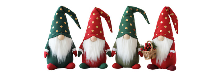 Set Of Four Festive Christmas Gnomes With Pointed Hats Isolated On Transparent Background