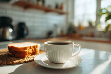 photo of close-up coffee cup and sliced bread on wooden table, warm tone and calm light