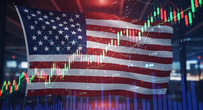 American flag overlaid with stock market graph and bar chart - Powered by Adobe