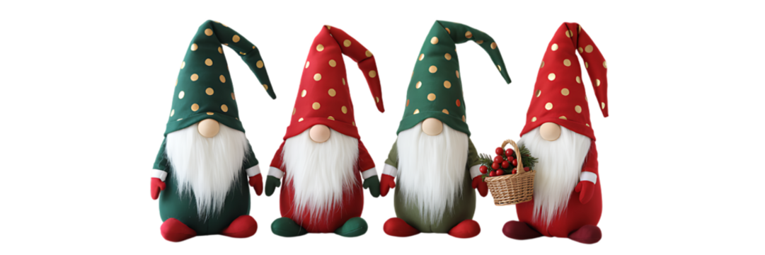 Set Of Four Festive Christmas Gnomes With Pointed Hats Isolated On Transparent Background