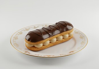 Delicious chocolate eclair on a plate against a plain background
