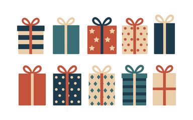 Festive gift boxes collection with ribbon bows in classic color palette