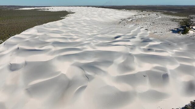 Aerial view of vast, undulating, pristine white Lancelin Sand Dunes contrasting with the dark green vegetation, a stunning display of nature's artistry, Perth, Western Australia, Australia.