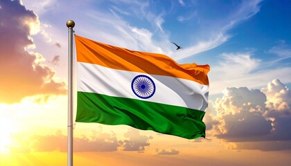"Indian flag waving on tall pole with golden finial against dramatic sunrise sky, featuring saffron, white, green stripes and navy blue Ashoka Chakra."