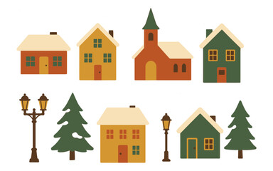 Naklejka premium Charming winter village scene with cozy houses and snow-covered trees