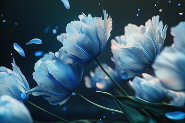 Blue tulips with petals falling in wind against dark background for fantasy floral nature and magical concept