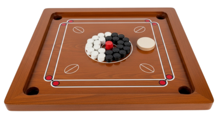 Carrom Board with Pieces and Striker Isolated on White Background