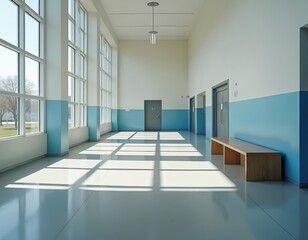 Modern empty school corridor with tall windows showing outside. Sunlight casts strong shadows on clean floor. Light blue, white walls line long hallway. Simple wooden bench sits near gray doors in