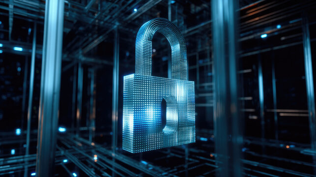 Translucent glowing padlock floating in digital space, symbolizing cybersecurity, data protection, and secure technology environment