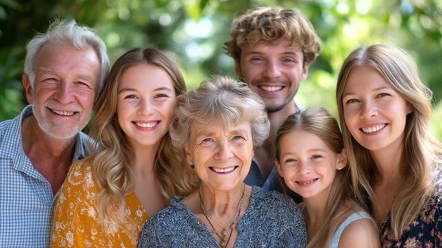 Multi-generational family portrait in garden, smiling grandparents and children, bright daylight, family unity, heritage and tradition, love and happiness, authentic group portrait