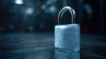 Translucent glowing padlock symbolizes digital security, data protection, cyber safety, encryption, and futuristic technology in dark environment