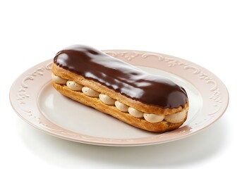 Delicious chocolate eclair on plate isolated on white background