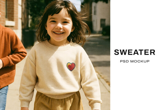 Child Wearing Heart Sweater Mockup Psd