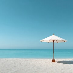 Fototapeta premium Umbrella on a quiet beach with clear blue water and bright sky during a sunny day