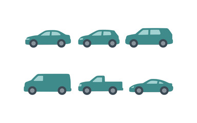 Set of flat car icons featuring different vehicle types