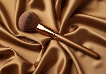 Makeup brush resting on a golden silk fabric background
