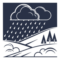 Heavy Rain Clouds with Downpour Over Hilly Landscape Weather Vector Icon