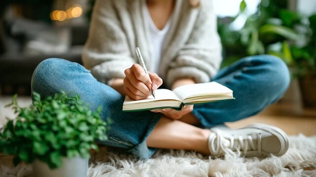 Asian woman sitting cross-legged on rug near plants, journaling in notebook, minimal living room, calm focus, mindfulness writing, mindful home design, green interior, creative sel