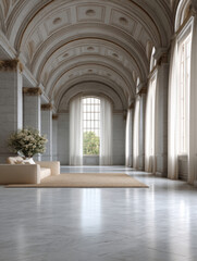 Elegant marble hall with arched ceiling, tall windows, soft natural light, cream sofa, and floral arrangement create serene luxury interior