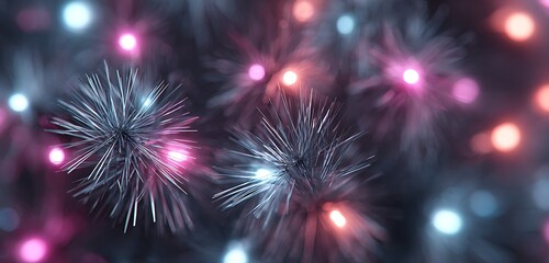 Fototapeta premium A close-up of colorful Christmas tree lights intertwined with silver tinsel, glowing brightly against the dark, ultra-realistic HD shot