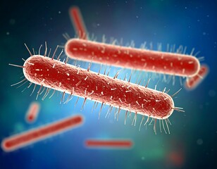 Microscopic view of rod-shaped, red microorganisms, with spiky filaments