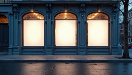 Elegant storefront with three blank illuminated display windows at night. Ornate building facade stands on wet city street. Empty commercial space offers mock up template for ad promotion, marketing,
