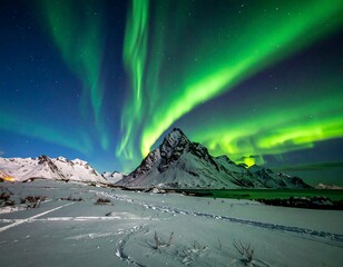 Night sky panorama with aurora borealis over snow-covered mountains