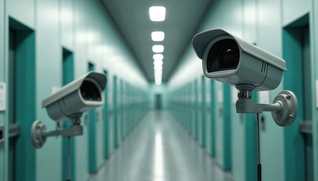 Surveillance cameras line sterile prison corridor. Metal doors repeat down hallway under bright lights. Security technology monitors inmates for safety and control. Modern cameras record all activity.