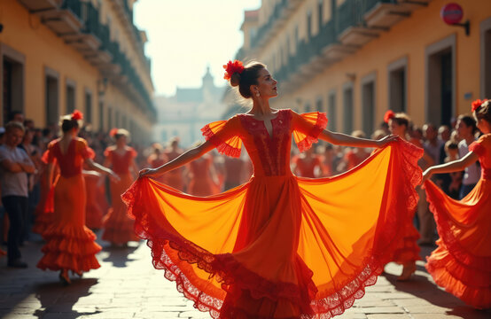 Young woman dances flamenco in vibrant orange dress on sunny urban street. Performs with outstretched arms, swirling large skirt. Dancers, crowd watch Spanish culture show, enjoying tradition, music,
