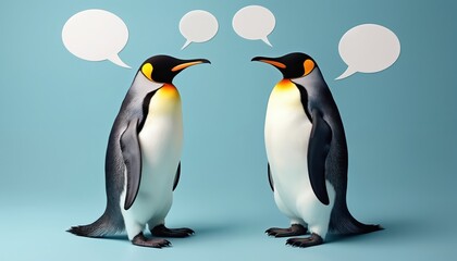 Fototapeta premium Two penguins stand facing with empty speech bubbles above heads. Appear to in conversation, conveying sense of dialogue discussion. Humorous image uses digital art to create playful scene.