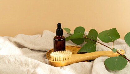 Amber Bottle and Wooden Dry Brush on Linen with Eucalyptus