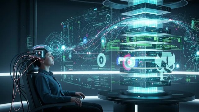 Cutting edge futuristic tech interface with neural network, user immersed in virtual data stream experience, advanced technology exploration, innovation - Powered by Adobe
