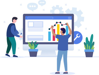 Business professionals analyzing data on computer screen with gears