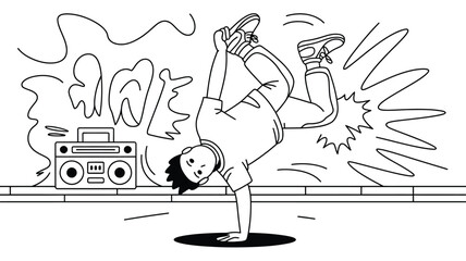 Obraz premium A breakdancer performing a handstand near a boombox with graffiti on the wall in black and white style