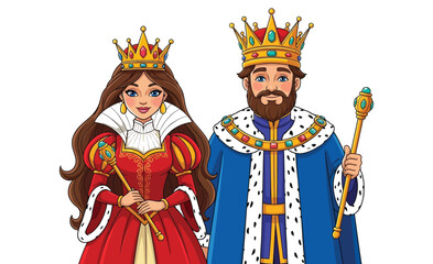 Obraz premium A king and queen stand side-by-side, adorned in royal attire with crowns and scepters.