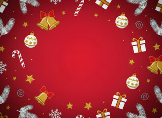 Red Christmas Frame with Gifts and Snowflakes