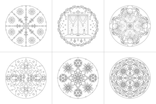 Mandalas. Christmas Theme. Coloring pages. Vector illustration. Set No. 1.