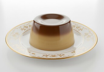 Delicious coffee pudding dessert on decorative plate isolated on white