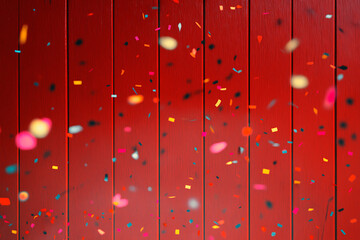 Festive red confetti explosion on wood backdrop celebration and party design concept