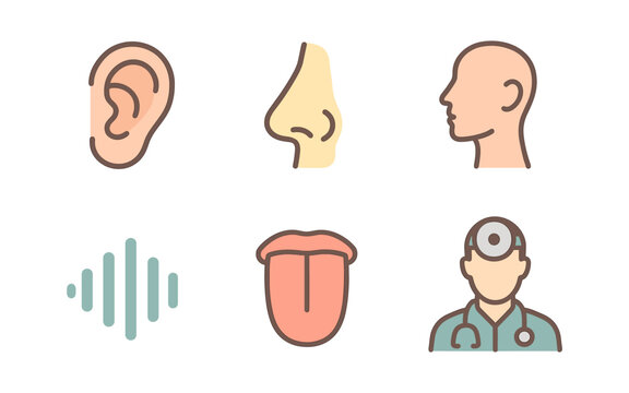Medical icons featuring ear, nose, and throat with doctor and sound wave in flat design