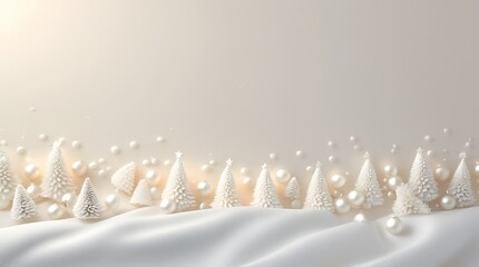 Elegant white christmas trees with decorative pearls and snow on a soft background
