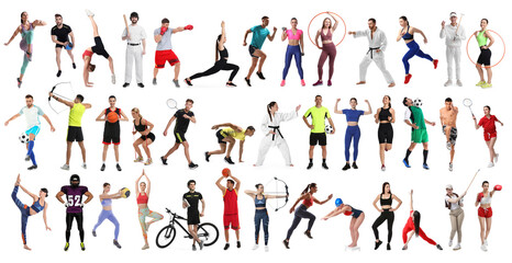 Sport activities. Different people in sportswear on white background, collage