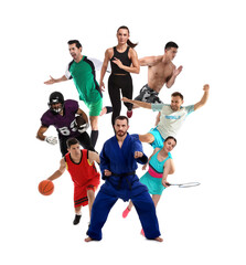 Sport activities. Different people in sportswear on white background, collage