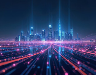 Smart city skyline with abstract digital connections. Cityscape with colorful gradient lines, dots. Futuristic urban landscape with modern technology, communication network. Glowing blue, pink lights