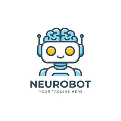 Creative AI startup logo featuring a friendly robot head with brain design, symbolizing artificial intelligence, innovation, and smart technology for modern digital and tech companies.