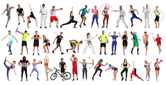 Sport activities. Different people in sportswear on white background, collage