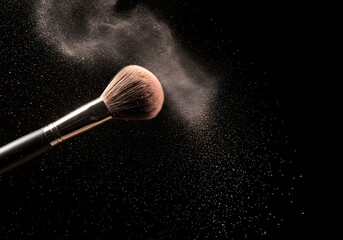 Makeup brush spraying powder against a dark background beauty concept