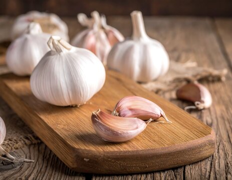 Several whole and clove garlic bulbs on a wooden cutting board